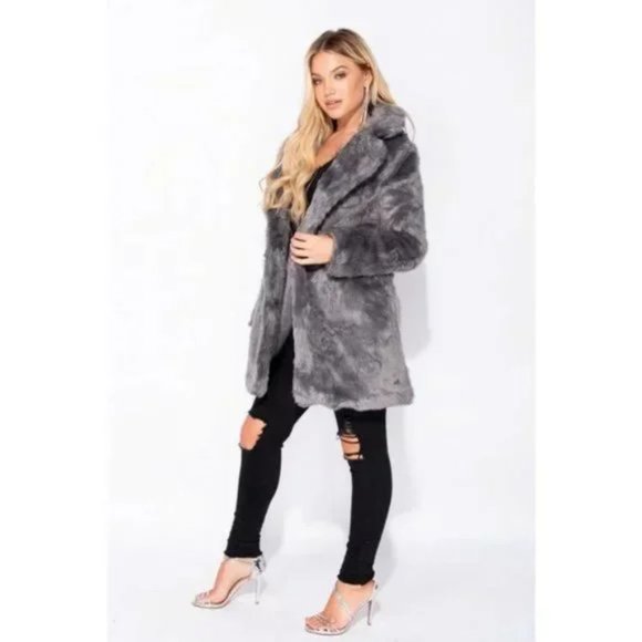 Gray Faux Fur Long Sleeve Collared Coat - Picture 16 of 16